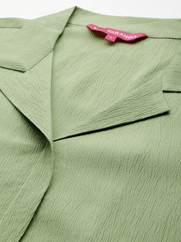 Varanga Women Green Shirt Collar Neck A-Line Kurta Paired With Tonal Bottom